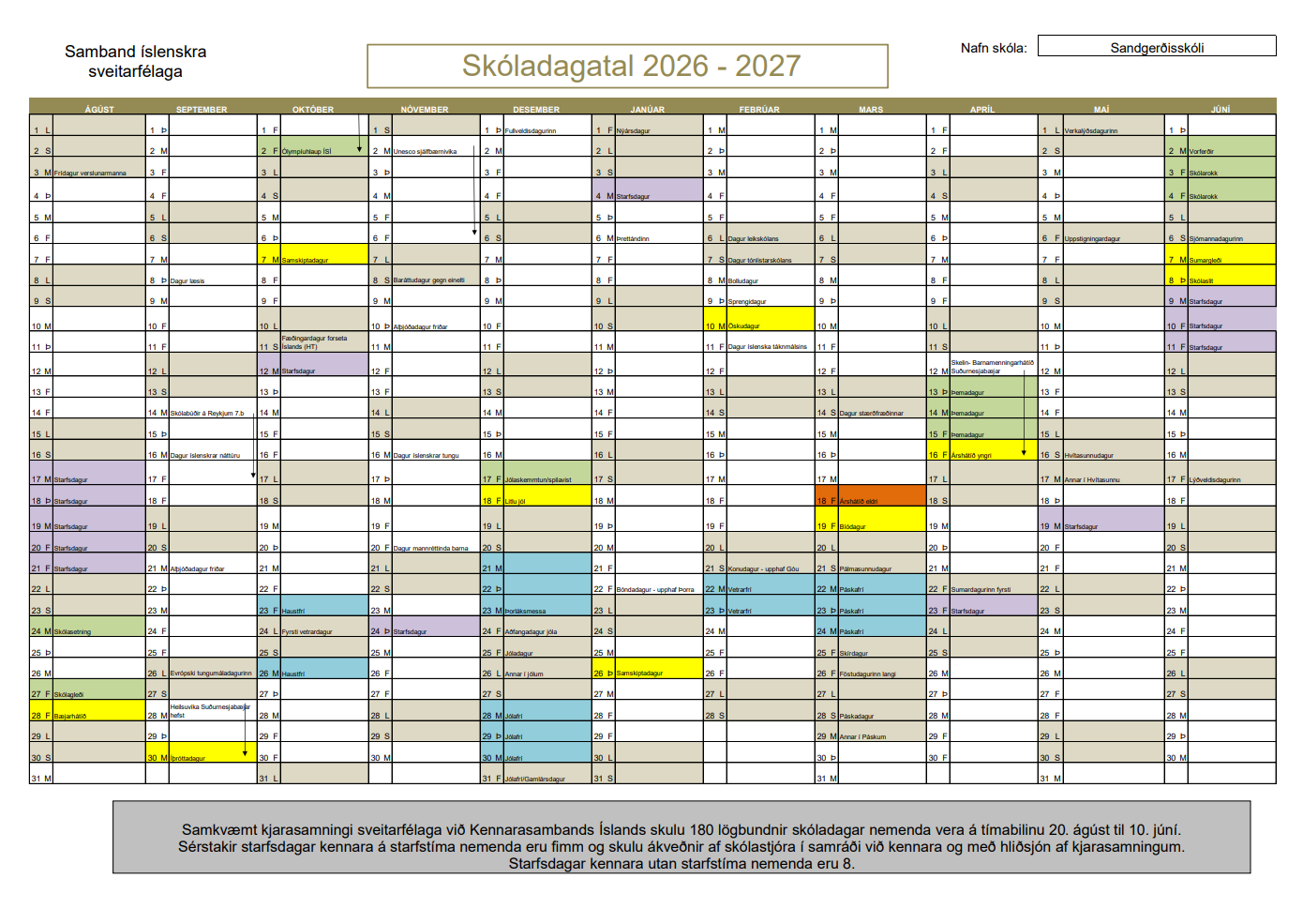 Skóladagatal 2026-2027