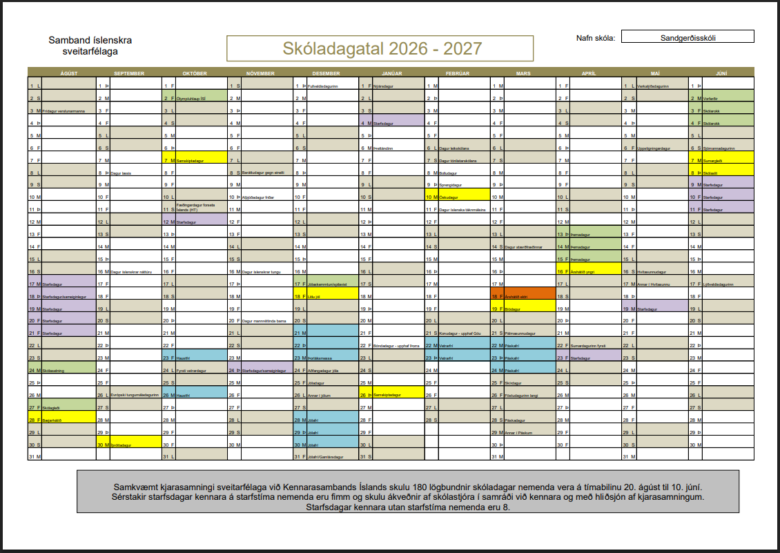 Skóladagatal 2026-2027