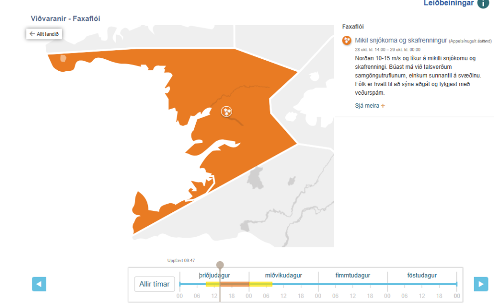 Appelsínugul viðvörun frá kl. 14:00 í dag