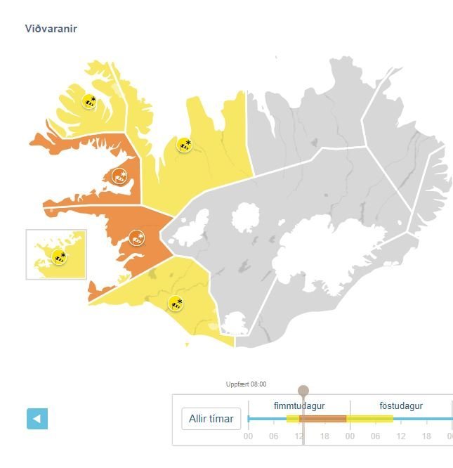 Appelsínugul viðvörun í gildi frá hádegi.