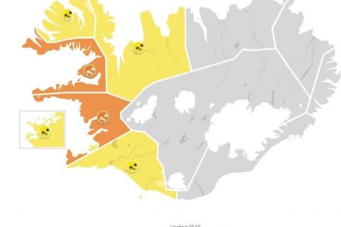 Appelsínugul viðvörun í gildi frá hádegi.